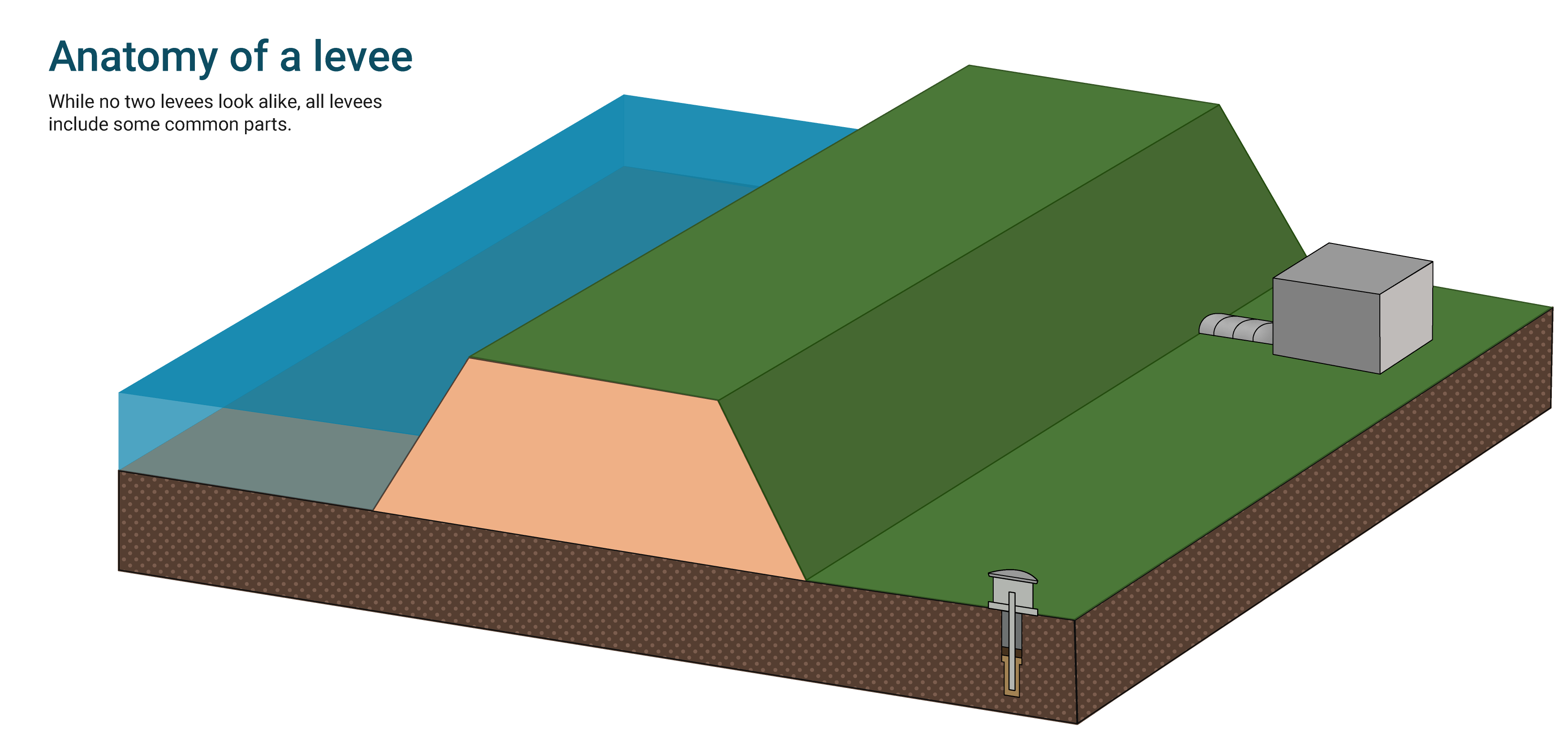 Diagram of a levee system's basic parts